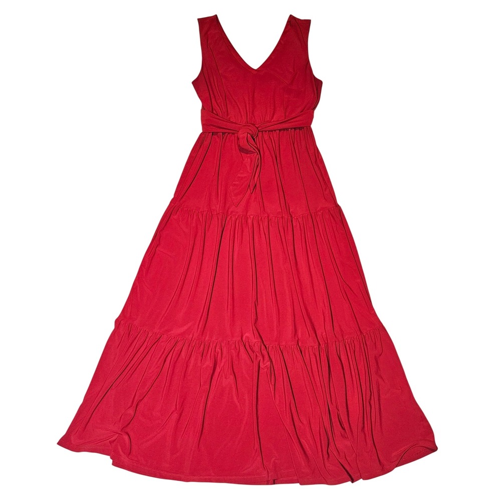 EMMA & MICHELE Red Sleeveless V Neck Tiered Maxi‎ Dress Tie Waist Size S